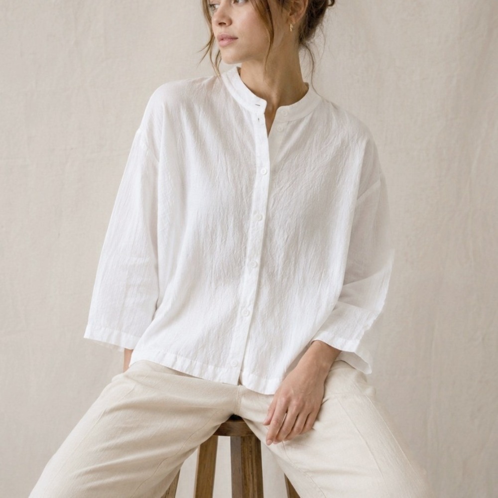Eileen Fisher Linen Mandarin Collar Shirt Large White Italy Lagenlook Minimalist